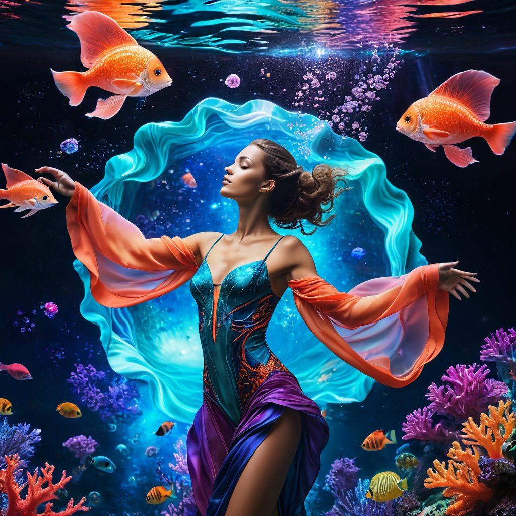 A surreal underwater scene showcasing futuristic fashion, where models in vibrant galactic attire are swimming among colorful coral reefs and luminous sea creatures. The setting features ethereal lighting and cosmic patterns reflecting the stars above, blending oceanic beauty with interstellar themes. Include elements like bubbles and floating fabrics that resemble cosmic nebulae. digital art. vibrant colors. underwater theme.