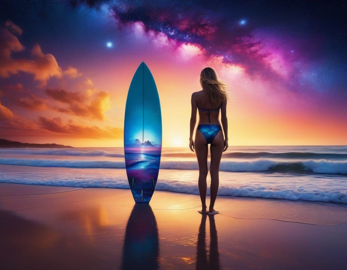 A captivating scene merging beach elements with cosmic features, showcasing stylish fashion designs that incorporate vibrant electromagnetic patterns, surfboards adorned with starry motifs, and waves reflecting a galaxy sky. People wearing futuristic swimwear and accessories, blending nature and the cosmos. super-realistic. vibrant colors. dreamy background.